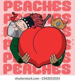 funny character affectionately hugs a biggest peach with a crown on one side of its top