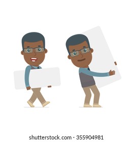 Funny Character African American Teacher holds and interacts with blank forms or objects. for use in presentations, etc.