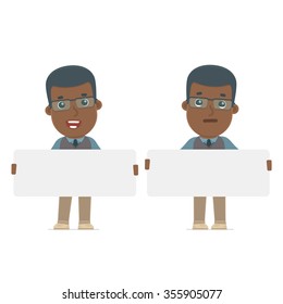 Funny Character African American Teacher holds and interacts with blank forms or objects. for use in presentations, etc.