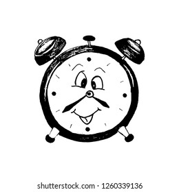 Funny character alarm clock, clock, drawn by hand, isolated on white background, Vector