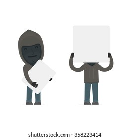 Funny Character Anonymous Hackers holds and interacts with blank forms or objects. for use in presentations, etc.
