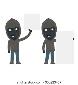 Funny Character Anonymous Hackers holds and interacts with blank forms or objects. for use in presentations, etc.