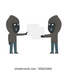 Funny Character Anonymous Hackers holds and interacts with blank forms or objects. for use in presentations, etc.