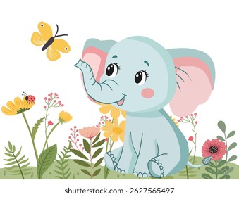 Funny character baby elephant. Cute animal in the meadow looks at the butterfly,  illustration for baby shower, greeting card, party invitation, fashion clothes t-shirt print