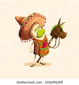 funny character based on the burrito, a typical Mexican food meal accompanied by a toy burrito and a typical Mexican hat, with a chili on the chest