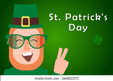 Funny Character bearded Irish man in festival glasses and hat wishes Happy St. Patrick's Day and shows victory gesture. Idea for party poster, banner, flyer or greeting card St. Patrick's.EPS 10