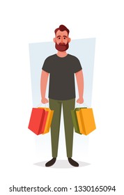 Funny Character. Bearded Man Holding Shopping Bags. Cartoon Style. Vector Illustration