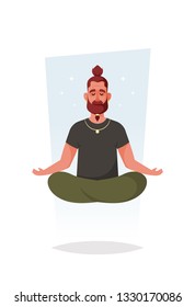 Funny Character. Bearded Man Meditating. Cartoon Style. Vector Illustration