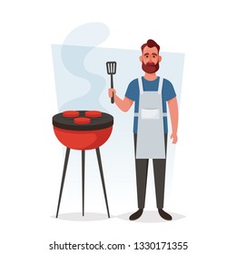 Funny Character. Bearded Man Standing Near the Grill. Barbecue Concept. Cartoon Style. Vector Illustration