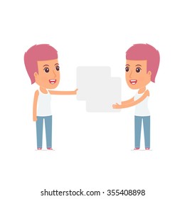 Funny Character Blogger Girl holds and interacts with blank forms or objects. for use in presentations, etc.