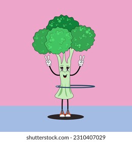 Funny character broccoli cabbage spins a hula hoop. Fashionable vector illustration in cartoon retro style of the 60s, 70s. The concept of healthy eating, diet, weight loss.