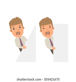 Funny Character Broker holds and interacts with blank forms or objects. for use in presentations, etc.