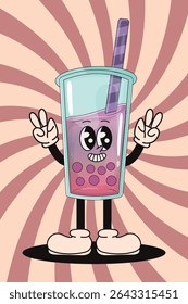 Chá de leite de bolha de personagem engraçado. Ilustração de vetor.Ilustração de chá de bolha com pérolas de palha e tapioca
