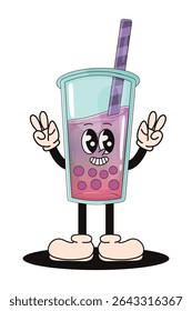 Chá de leite de bolha de personagem engraçado. Ilustração de vetor.Ilustração de chá de bolha com pérolas de palha e tapioca
