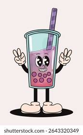 Chá de leite de bolha de personagem engraçado. Ilustração de vetor.Ilustração de chá de bolhas com pérolas de palha e tapioca.Groovy