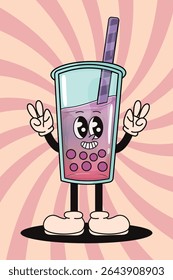 Chá de leite de bolha de personagem engraçado. Ilustração de vetor.Ilustração de chá de bolha com pérolas de palha e tapioca