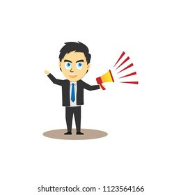 Funny character of businessmen shouting through a megaphone