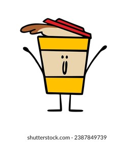 Funny character from a cafe, a cup of coffee with a human face and a smile, waves his hands and splashes out hot drink. Vector illustration of cartoon. Isolated person on white background.