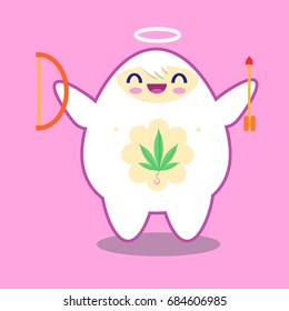Funny character. Cannabis leaf on cupid, vector illustration. Flat design