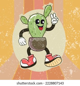 Funny character, cartoon cactus in retro style. Poster flat style. Vector illustration