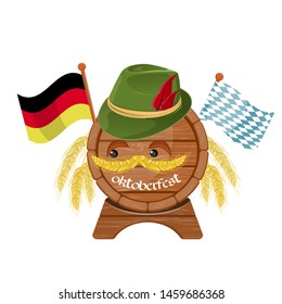 Funny character. Cartoon emblem with glasses of beer, wooden barrel. Isolated on white background Vector illustration. Colorful cartoon 18 oktoberfest elements set.