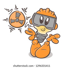 Funny character cartoon lightbulb. Nuclear power. On white background