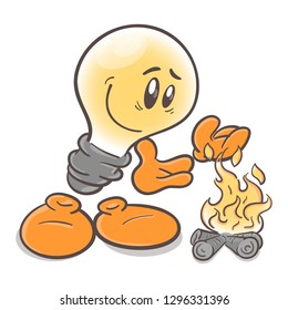 Funny character cartoon lightbulb. Thermal power plant. On white background 