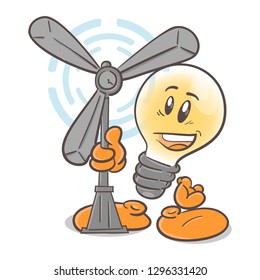 Funny character cartoon lightbulb. Wind turbine. On white background