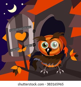 Funny character cartoon owl in a autumn forest. Bird on a branch near the hollow. The symbol of reason, knowledge, wisdom. Vector illustration. Background starry sky.