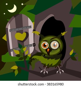 Funny character cartoon owl in a summer forest. Bird on a branch near the hollow. The symbol of reason, knowledge, wisdom. Vector illustration. Background starry sky.