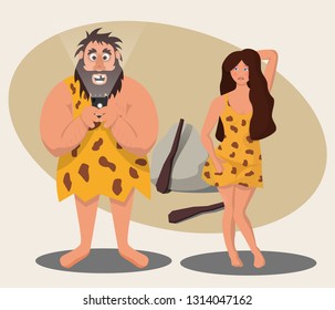 The funny character of the caveman stared at the mobile phone, not paying attention to the beautiful cave girl attracting his attention. Vector illustration.