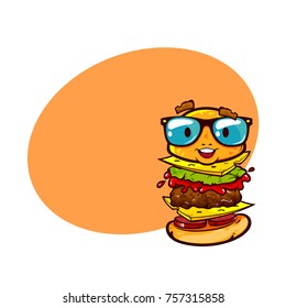 Funny character of cheeseburger in eyeglasses with place for text, vector cartoon illustration isolated on white background