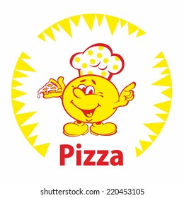 funny character in a chef's hat, holding a pizza, and shows the hand OK sign