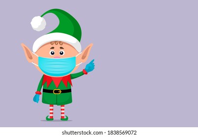 Carácter gracioso de un elfo de Navidad con una máscara médica y guantes quirúrgicos. Covid 19 concepto de prevención. Quedarse en casa para Navidad y Año Nuevo. aislamiento de ilustración vectorial plana