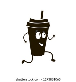 Funny character of a coffee cup running black eyes smile cafe menu latte cappuccino coffee with hand on the legs on a white background