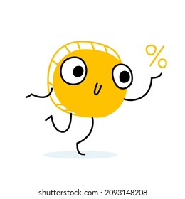 Funny character coin catches a discount in his hand. Smile and fun on your face. A percentage sign and a sale.