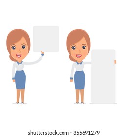 Funny Character Consultant Girl holds and interacts with blank forms or objects. for use in presentations, etc.