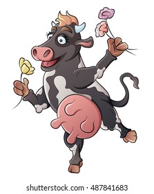 funny character cow dancing with flowers in hoof