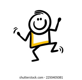 A funny character dances and makes modern sports movements. Vector illustration of a funny stickman character hand drawn in doodle stile.