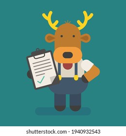 Funny character deer holds tablet with inscription. Vector character. Vector Illustration