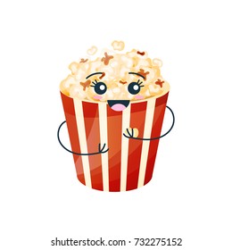 Funny character of delicious dishes from fast food. Funny glassful with delicious popcorn, air fried corn, with a face and a smile, hands. Modern vector illustration fast food isolated.