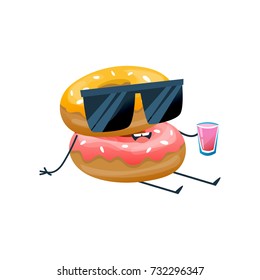 Funny character of delicious dishes from fast food. Cheerful, funny sweet glazed donut with glasses and cocktail in his hands, resting and smiling. Confectionery. Modern vector illustration isolated.