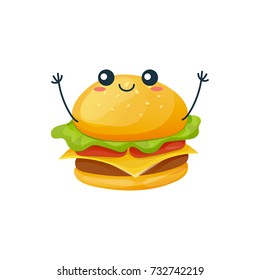 Funny character of delicious dishes from fast food. Cheerful, funny, delicious, a hamburger with a smile on his face and raises his hands up. Modern vector illustration fast food isolated.
