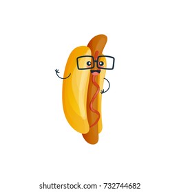 Funny character of delicious dishes from fast food. Funny hot hot dog, with sauce, with glasses, with hands and a smile on his face. Modern vector illustration fast food isolated.