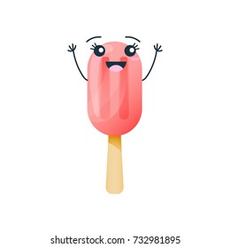 Funny character of delicious dishes from fast food. Cheerful, funny, sweet, personage of fruit ice cream on a stick, with a smile on his face and his hands up. Modern vector illustration isolated.