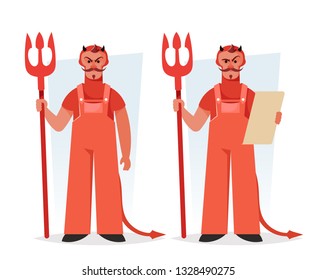 Funny Character. Devil with Pitchfork and Contract. Cartoon Style. Vector Illustration