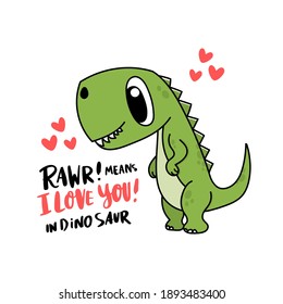 Funny character dinosaur or Tyrannosaurus. Cute T-Rex. Adorable jurassic reptile. The inscription: Rawr! means I love you! Colored vector illustration for Valentine's day. svg