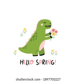 Funny character dinosaur or Tyrannosaurus with flowers. Cute T-Rex. The inscription: Hello Spring! Colored vector illustration in scandinavian style.