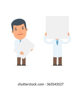 Funny Character Doctor holds and interacts with blank forms or objects. for use in presentations, etc.