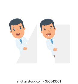 Funny Character Doctor holds and interacts with blank forms or objects. for use in presentations, etc.